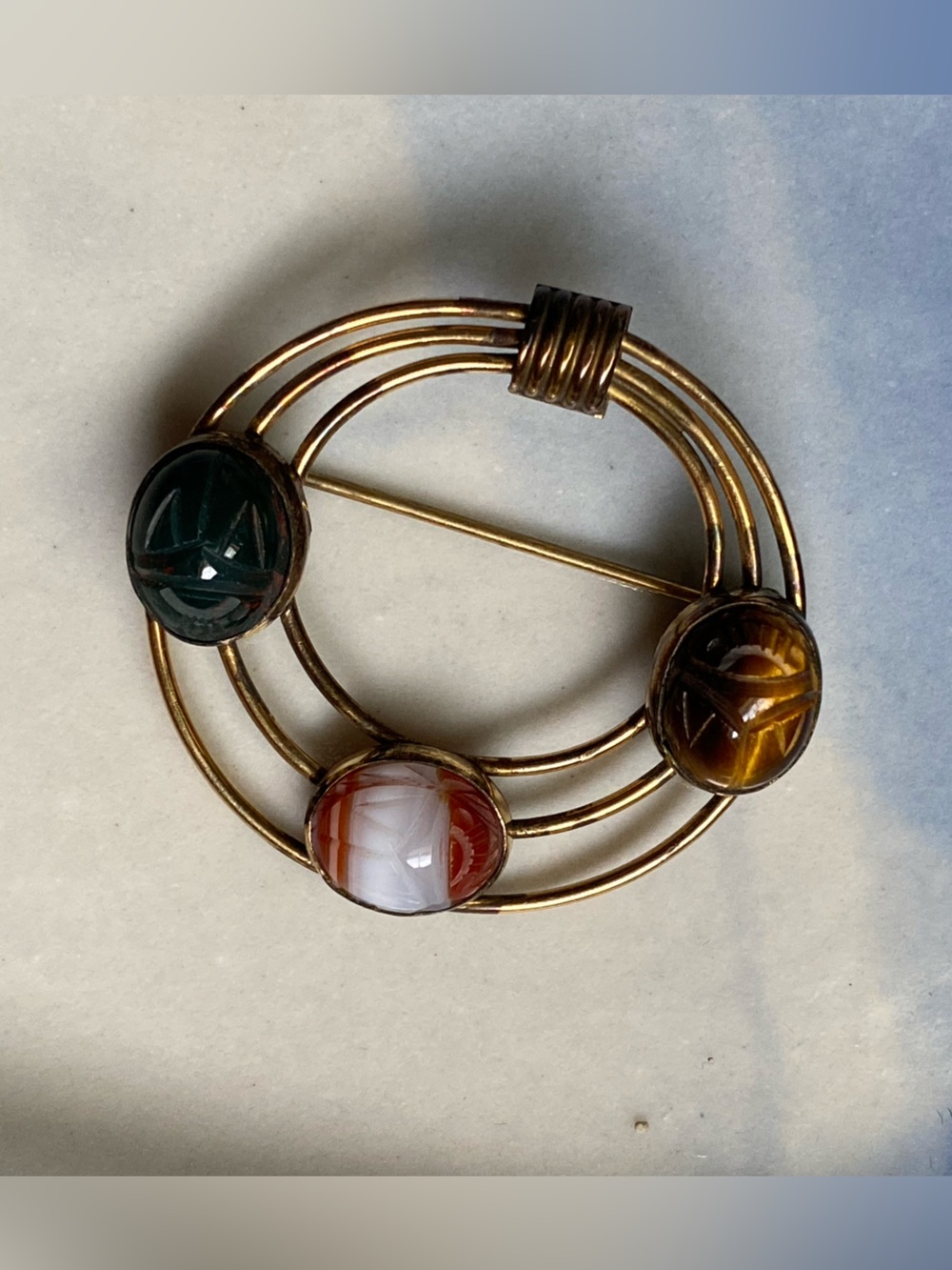 Vintage Admark 1/20 12k GF Semi precious Gemstone Scarab Brooch